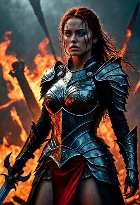 Ultra detailed digital art masterpiece Warrior girl dressed in a iron Armor and red mini skirt, Standing on a battlefield at the head of an army of knights, where a bloody slaughter is taking place, standing in battle pose, a dark epic fantasy, perfect lighting, beautiful Sadie Sink as Warrior girl, attractive woman, elegant, beautiful woman of athletic body,  epic shot of the whole Warrior girl, unreal engine 5 nanite quality, dark fantasy, dark environment, very stormy day, LOTR style, dark washed out eyeliner, no make up, natural bloody pale face, realistic blue eyes, ultra detailed atmospheric details, beautiful glowing effects, sparkle effects, realistic body proportions, beautiful face proportions, complex masterpiece, wavy raven black hair, creative glowing detailed tattoos, complex physics, enhanced colors, complimentary colors, ultra detailed raytracing reflections, Ultra detailed complex background, environment feels alive, direct eye contact, dramatic lighting, wet and sweaty skin, beautiful firm Breasts, Daylight, Concept art by Greg Rutkowski, adding to the intense and dynamic atmosphere of the scene.