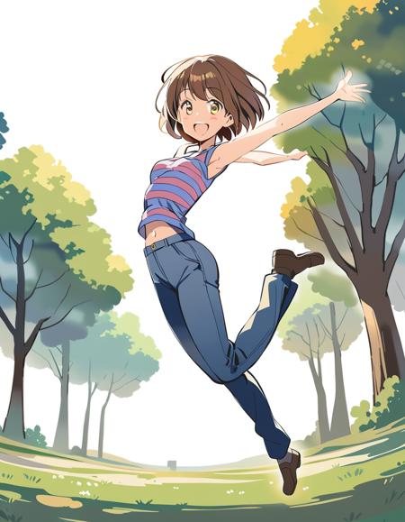 masterpiece,best quality,oldest,1girl,small breasts,short hair,brown hair,friskut,,happy,striped shirt,pants,yellow eyes,jumping,in verdant countryside,watercolor style,full body, <lora:FriskXL:0.75>