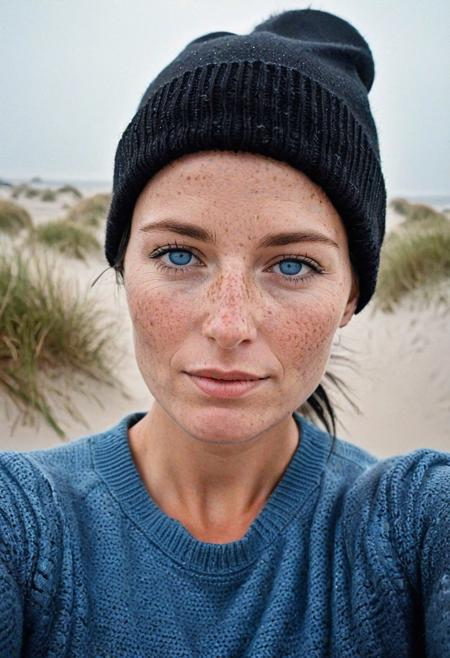 Stunning analogue photo of a beautiful 44 years old Dutch woman, making a selfie to send to her boyfriend, sweater, leather jacket, beanie, perfect face, absolute beauty, sexy pose, natural raven black hair, ponytail, blue eyes, freckles, freckles and moles all over body, realistic freckles, detailed skin texture, textured skin, hyperdetailed face, perfect tits, big tits, soft natural tits, Dunes along the Dutch coastline, early morning, very foggy, soft natural early morning light, ultra realistic, extremely detailed