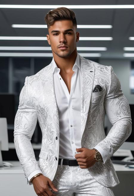 a strong 22-year-old brazillian hunk bodybuilder male, with a fringe up undercut hairstyle, detailed face, mindless expression,  wearing a white suit with silver patterns, wearing pants,  on a modern office, standing at attention pose, looking at viewer, portrait, photography, detailed skin, realistic, photo-realistic, 8k, highly detailed, full length frame, High detail RAW color art, diffused soft lighting, shallow depth of field, sharp focus, hyperrealism, cinematic lighting