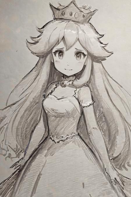 ((masterpiece, best quality)),  pretty eyes,  detailed face, 
(Pencil_Sketch:1.2,  messy lines,  greyscale,  traditional media,  sketch),  unfinished,  hatching (texture),  ((masterpiece, best quality)),  absurdres,  ,  Boosette_Mario,  1girl,  long hair,  white hair,  long white dress,  ballroom dress,  white gloves,  solo,  smiling,  blushing,  looking at viewer,  cowboy shot, <lora:Anime_Sketch_SDXL:1.000000>,<lora:Boosette_Mario_SDXL:0.600000>
