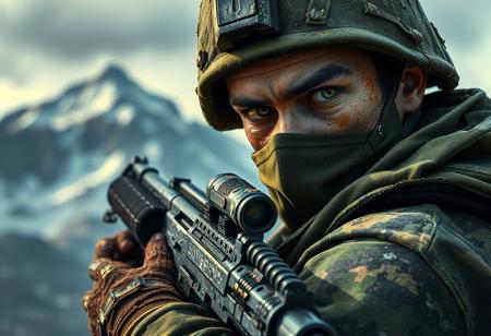 Weathered soldier, green camo, black gun, mountain dreamland backdrop. Intense gaze, dynamic pose. Matte painting, splash ink illustration, octane render, Unreal Engine 5, Raphael style, Houdini style. Vivid emotion, detailed eyes, CGSociety, Artstation trending, golden ratio, 8k, landscape, refraction, intricate detail, fractal glow, weta digital, ray tracing, insane details, elite, elegant.
