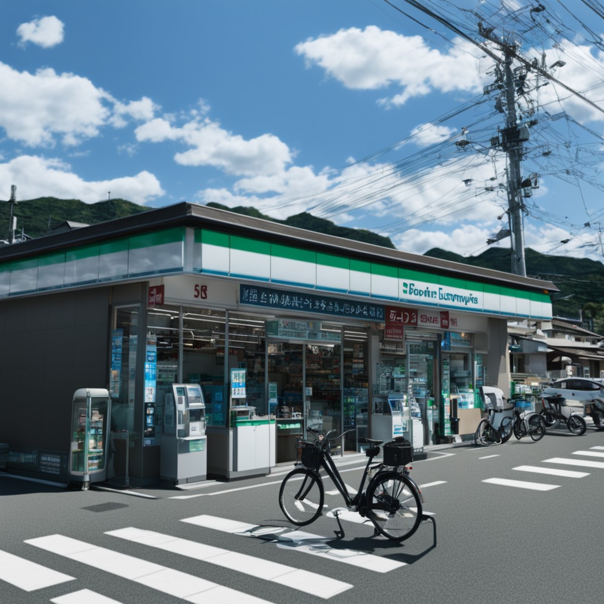 cinematic still best quality, ultra-detailed,
famima, konbini, scenery, storefront, outdoors, scenery, bicycle, sky, groun...