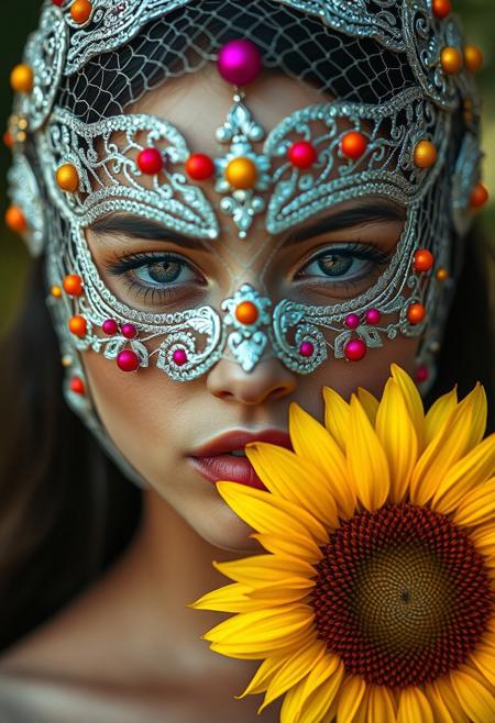 NSFW, (Soft Lighting Photography by Mimoza Veliu and Mario Giacomelli:1.2),, sexy,A hyper-realistic close-up portrait of a young woman adorned with a whimsical avant-garde symmetrical mask made of intricately woven netting, featuring glimmering silver accents and bright orange dots. The mask is beautifully outlined with ornate fuchsia embroidery, enhancing its stunning appearance. A radiant sunflower subtly covers part of her face, its vibrant yellow petals adding a warm contrast to the mask. The shot is taken from a mid-angle, allowing for a direct view of her expression and the intricate details of both the mask and the flower, illuminated by natural light that creates a soft and inviting ambiance.