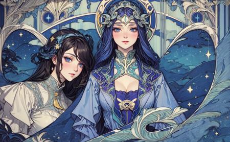 gwynevere, veil, cleavage, jewelry, curvy BREAK
(art nouveau composition:1.5), star themed, black and gold gradient theme BREAK
dark fantasy noirï¼<lora:add_detail:0.75>,