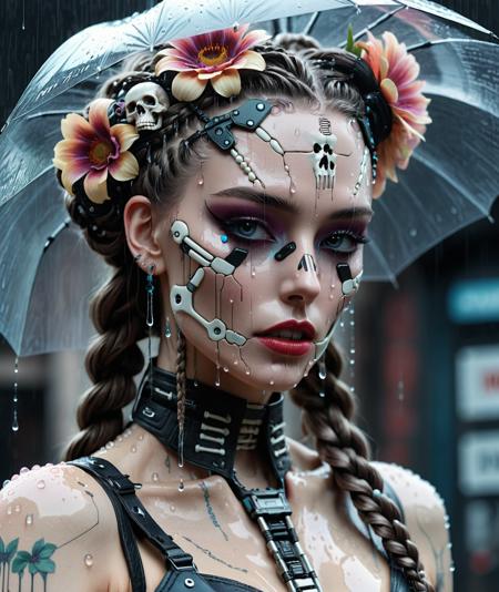 photography, a woman with a flower in her hair, cyberpunk style <lora:sdxl_cyber_aesthetic:0.6> <lora:sdxl_roboticStuff:0.3>  --ModernNetflix-1900, tattoos, raining, droplets, skulls, bones, leather, fabric, braids, pearls,