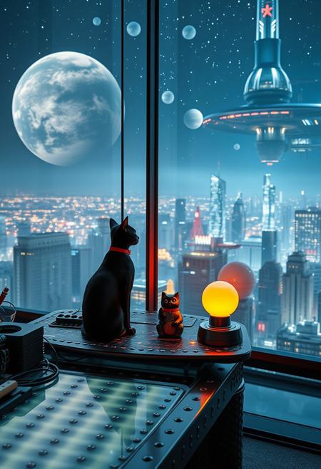 A sleek black cat with red collar sits on a cluttered metal riveted desk with transparent top and micro-LED lighted computer components visible inside, On the desk are a maneki neko statue and a lava lamp, the Black Cat is looking out of a seamless and futuristic floor to ceiling window that looks out at the lights of enormous buildings and cities far below, (((a beautiful woman, 24 years old, is sitting at the desk working on a holographic computer that displays planets and space ships floating in the air in front of her,  the cat is sitting on the desk and looking longingly out the window, the woman is dressed in an ornate elegant Art-Deco Chinese style dress. An enormous deco-cyberpunk starship with futuristic lighting and an enormous space station are visible in the background among the stars, The woman's hair is elegantly tied up with a ribbon. Artistic cyberpunk, dynamic perspective, (((overall architectural aesthetic is Art Deco Cyberpunk))).  Epic image that elicits a feeling of wonder and awe, part of the interior is visible,