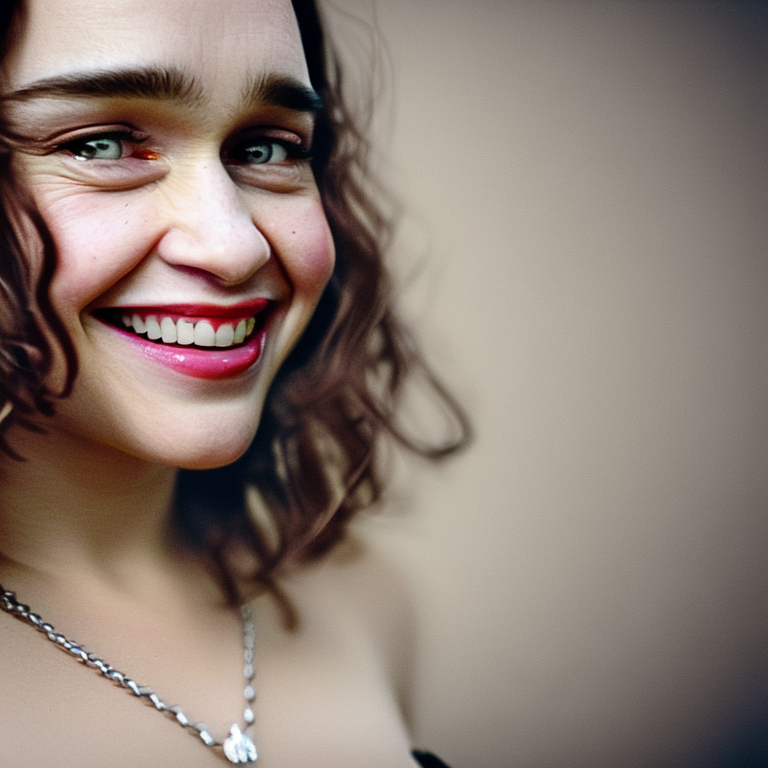 A close up glamour photograph of (Emilia Clarke)  smiling for the camera studio lighting gradient background clear face pa...