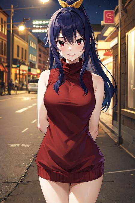 masterpiece, best quality, highres, aakogetsu, long hair, hair ponytail, hair ribbon, <lora:homura_kogetsu_v1:0.7>, sweater dress, turtleneck, sleeveless, cowboy shot, night, street, smile, arms behind back,