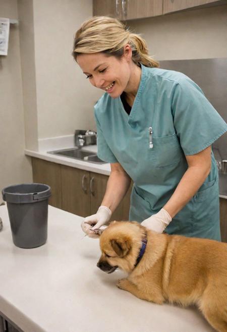 Veterinary clinic view of a Canadian veterinarian, 35 years old, blending professional care with an air of gentle allure, kind, nurturing face, attending to animals in a bustling Toronto animal clinic. She's examining a small dog, her movements gentle and assured, a soft, reassuring smile directed towards the pet owner.
Her hair, long and honey-blonde, is pulled back into a neat bun, practical for her work yet softening her features. 
She has a slender, nurturing build. Dressed in a (crisp, fitted lab coat) over a (light, patterned blouse) and (comfortable slacks), her outfit is both professional and subtly charming.
 sharp focus, high resolution, (blush, eye_wrinkles:0.6), (goosebumps:0.5), subsurface scattering, ((skin pores)), (detailed skin texture), (( textured skin)), realistic dull (skin noise), visible skin detail, skin fuzz, dry skin, hyperdetailed face, sharp picture, sharp detailed, (((analog grainy photo vintage))),
 unbuttoned sweater, revealing shoulders, (best quality, high quality, photograph, hyperrealism, masterpiece, 8k:1.3), mestizo, burly, white shaggy hair, legskin, dark skin, smile, (low-key lighting, dramatic shadows and subtle highlights:1.1),