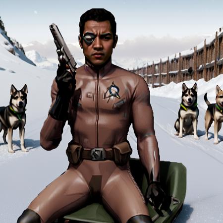 BoB, (augmented eye:1.2), glass over one eye, man in light brown body suit holding a (pistol:1.2), (sitting in a sled:1.3), riding a sled pulled by sled dogs, snowy background, epic background, 35mm photograph, film, bokeh, professional, 4k, highly detailed, photorealistic film <lora:MarathonMonsters:0.87>