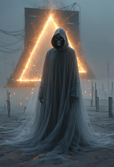 Dystopian style, (auralora:1.2), dark fantasy aesthetics, movie poster, centered composition, close-up photography by Leandro Erlich. an ethereal portrait of a lone cloaked skeletal figure in a dejected wasteland, a towering futuristic structure stands in the background, liminal fog, circles, triangle, geometric shapes. (ethereal wisps and Fire, dust particles, particle system:1.4). Vibrant and colorful, gritty, raw, emotional, shimmering light. A mesmerizing blend of light and shadows. <lora:Aurastronger_SDXL:1>, Bleak, post-apocalyptic, somber, dramatic, highly detailed
