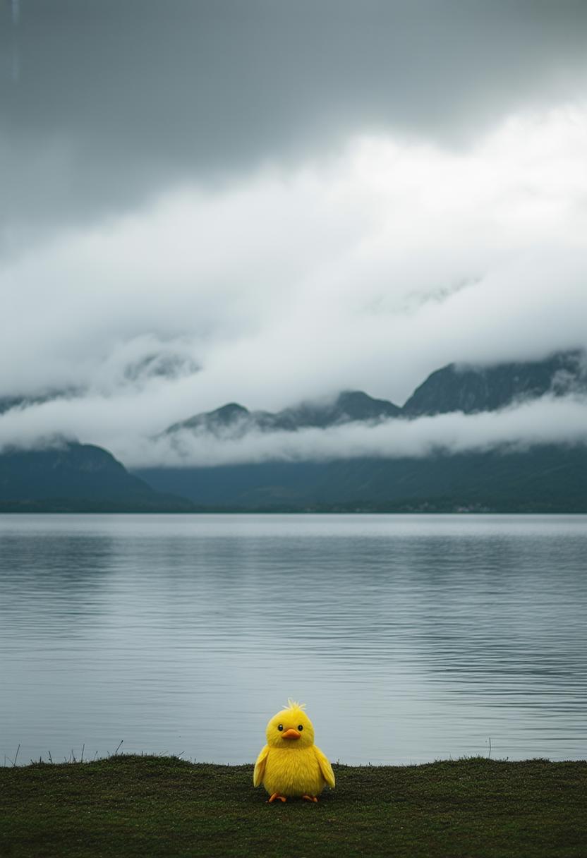 The image is a melancholic photograph of a misty landscape, where the sky is shrouded in dark, brooding clouds that cast a heavy atmosphere over the scene. A large, still body of water stretches across the foreground, reflecting the dull greys of the overcast sky, while distant mountains fade into the mist, their jagged peaks barely visible. On the left side of the image stands a large yellow bird puppet, but its once cheerful, fluffy appearance contrasts sharply with its current mood. The puppet gazes blankly into the distance, its vibrant yellow feathers now dim under the oppressive clouds. Its beak is slightly open, as if lost in a moment of existential questioning, wondering about the meaning of its very existence in this desolate, bleak world. The dark clouds swirl above as if they too are burdened by the weight of uncertainty, adding a sense of impending dread to the scene.