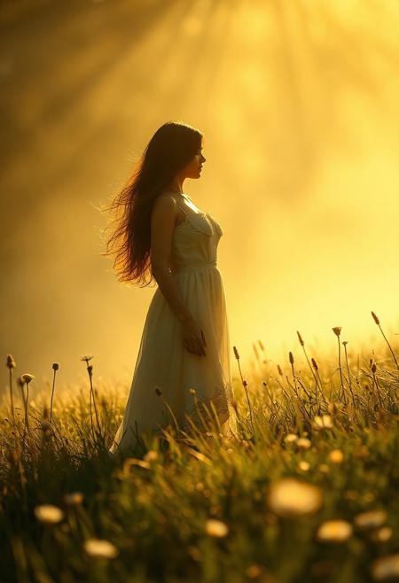 Woman on luminescent meadow, shadow art. Mysterious light. Perfect composition. Mysterious. Octane render. Masterpiece, delicate details.