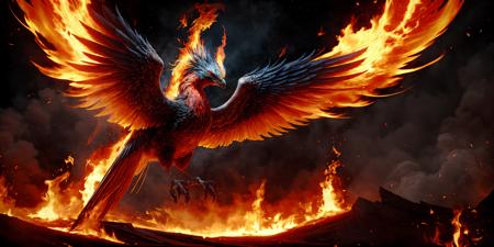 masterpiece,best quality,wings,sky,<lora:FHHY-000001:1>,fengh,solo,<lora:add_detail:1>,fire magic,born of fire,animal,birds,