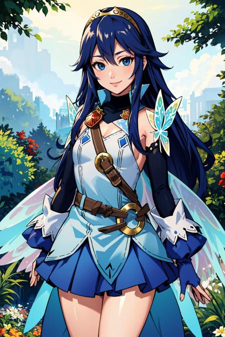 masterpiece, best quality,  <lora:lucina-nvwls-v1-000008:0.9> respLucy, tiara, sleeveless shirt, blue skirt, butterfly wings, detached sleeves, blue gloves, garden, looking at viewer, smile