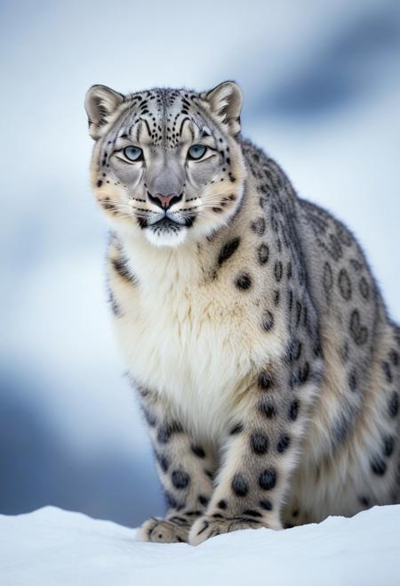 snow leopard in the snow, winter landscape background