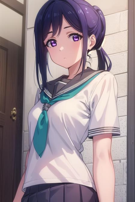 kananmatsuura, <lora:kanan matsuura s2-lora-nochekaiser:1>,
kanan matsuura, long hair, blue hair, (purple eyes:1.1), ponytail, sidelocks,
BREAK skirt, school uniform, short sleeves, pleated skirt, serafuku, socks, neckerchief, kneehighs, black socks, green neckerchief, grey skirt, uranohoshi school uniform,
BREAK indoors, classroom,
BREAK looking at viewer, (cowboy shot:1.5),
BREAK <lyco:GoodHands-beta2:1>, (masterpiece:1.2), best quality, high resolution, unity 8k wallpaper, (illustration:0.8), (beautiful detailed eyes:1.6), extremely detailed face, perfect lighting, extremely detailed CG, (perfect hands, perfect anatomy),