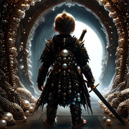 core_9_up, score_8_up, score_7_up, score_6_up, incredibly absurdres, BREAK physically-realistic, anatomically-correct, detailed, intricate, professional, logical, make sense, perfection, perfect, photography, 1boy, Pearl samurai, Pearl sword, Pearl armor, rear view, standing in front of Pearl  monster, in a dark tunnel, monster obscured by shadows, eyes glow yellow, bosstyle, Pearlum