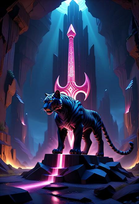 voronoi, basalt columns, pixelized, voxels
voxelized, lowpoly, low-poly, low-poli, 
Glowing Tiger-striped panther. Its body is covered in occult sigils and runes which pulse ominously. It has an impractically huge Excalibur sword.
3d-rendering, concept-art, digital, dreaminess, futuristic, multimedia, sculpture, virtual-reality, 
eeriness, fantasy, photorealism, other-worldliness, realism, sci-fi, technological, alien worlds, advanced civilizations, 
beautiful, painterly, textural, artistic, aesthetic, 
intricate details, highly detailed, ultra-detailed, absurdres, vivid, vibrant, volumetric lighting, 
aid291, midjourneyv6.1,