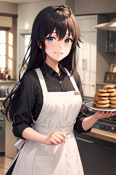 masterpiece, best quality, cowboy shot, looking at viewer, grin, yukino yukinoshita, long hair, hair ribbon, collared shirt, apron, indoors, kitchen, cookie, tray, <lora:yukino_yukinoshita_v2:1>