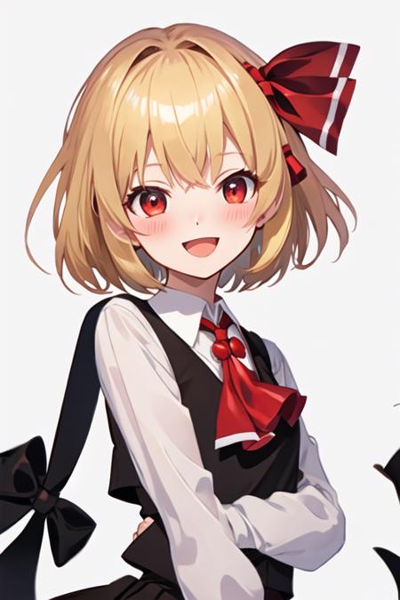 best quality, masterpiece, highres, solo, {rumia_touhou:1.15}, blonde_hair, ribbon, short_hair, hair_ribbon, red_eyes, vest, smile, open_mouth, red_ribbon, ascot, 1girl, blush, looking_at_viewer, simple_background, white_background, upper_body