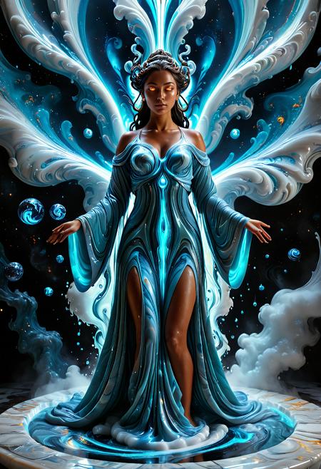 , ethereal liquid goddess rising from swirling marble vortex, flowing robes made of multicolored liquid, glowing eyes, ambient magical mist, highly detailed, fantasy divine aura, fluid motion, marbled cosmic background, intricate patterns, hyperrealism, dynamic lighting, glowing shimmer, high contrast, 8k