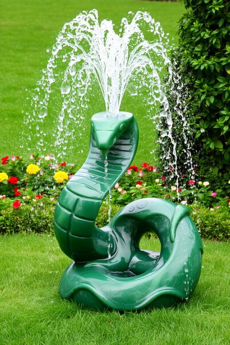jade_snake. An impressive Jade fountain in form of a snake spewing water, in a lush green garden with well maintained grass and colorful flowers.