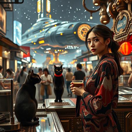 Setting is a futuristic cyberpunk street market at night, the market is comprised of street vendors selling robot parts, food, weapons, and robot pets. People wearing futuristic cyberpunk clothing are walking through the street market shopping and eating, A sleek black cat with red collar sits on a cluttered metal riveted counter with transparent top and micro-LED lighted computer components visible inside, Behind the counter is a huge ornate art deco steampunk commercial espresso machine of copper and brass, (((two beautiful women, 24 years old, are standing in the foreground, the women are very close together, one woman is speaking to the other who is facing the viewer with a steaming cup of espresso in her hand. Her eyes are beautiful and focused on the viewer, she has an expression of interested curiosity))), the sleek black cat with red collar is sitting on the desk and watching the people walking by in the busy street market, the woman is dressed in futuristic cyberpunk Japanese style yukata-style clothing combining a sexy and Japanese classic aesthetic. An enormous art deco inspired starship with futuristic lighting and an enormous space station are visible in the background among the stars, The woman's hair is elegantly tied up with a ribbon. Artistic cyberpunk, dynamic perspective, (((overall architectural aesthetic is Art Deco Cyberpunk))).  Epic image that elicits a feeling of wonder and awe, part of the interior is visible,