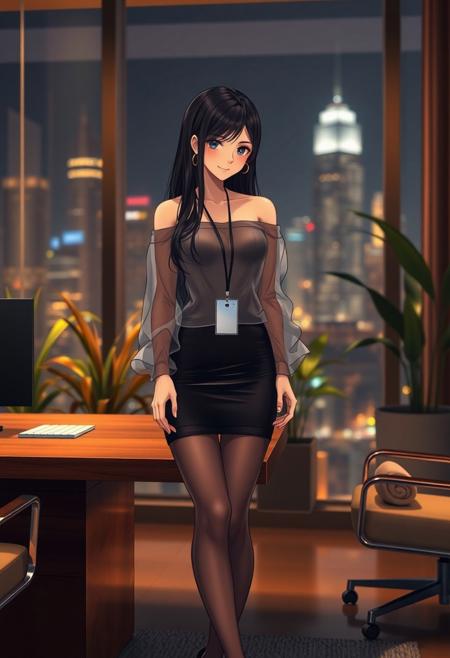 A shy and beautiful anime-style young female secretary standing beside a modern CEO's office desk during nighttime. She has long, silky black hair and gentle eyes, looking down with a shy smile. She wears an elegant off-shoulder transparent thin summer blouse without straps, with long flowing sheer sleeves, tucked into a thin, very short black transparent mini pencil skirt. She also wears delicate transparent black stockings and modest black heels. A small ID badge hangs from her waist, matching her reserved posture. Her cheeks are lightly flushed as she stands beside the CEO’s luxurious desk. Behind her is a wide glass window showing a night city skyline with glowing lights. The office features modern furniture, soft warm indoor lighting, indoor plants, and a premium executive atmosphere. Full-body view, soft-focus anime style, cinematic lighting, warm interior lights contrasting with the cool night outside, with bokeh city lights in the background.