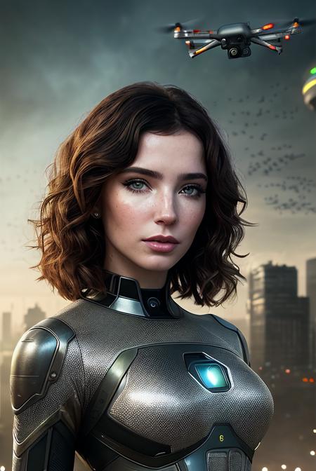 beautiful woman (EPSqu1d1nk1d1nk:.99), Glamorous Hollywood waves , ((portrait)), (closeup:1.2), ((from the waist up)), (((  Futuristic dystopian city viewpoint showcasing drone surveillance swarms :1.2 ))), natural skin texture,  (( superhero :1.2 )),24mm, 4k textures, soft cinematic light, adobe lightroom, photolab, hdr, intricate, elegant, highly detailed, sharp focus, ((((cinematic look)))), soothing tones, insane details, intricate details, absurdres, incredibly_absurdres,  hyperdetailed, low contrast, soft cinematic light, exposure blend, hdr, faded, now, ("I've got a bad feeling about this.":1.1)