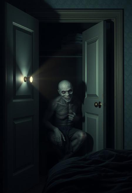 The light of a flashlight shines into a closet on the left side in a dark  bedroom, a disgusting horror monster is sitting in the closet, high detailed, high resolution, photorealistic