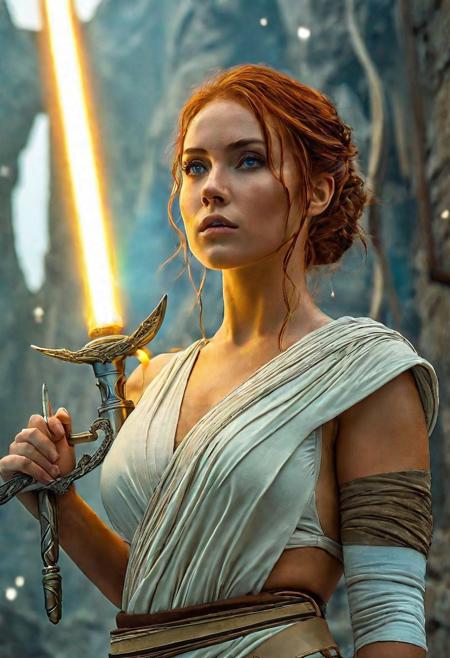 High resolution ultra-realistic of Beautiful Jedi Knightess, 8k, capturing the intensity of the moment, cinematic lighting, standing on a bloody and turbulent battlefield in a bloody battle, wavy red hair, realistic dirty pale face, realistic blue eyes, beautiful hourglass figure, burning in a Star Wars Town, intricately designed Star Wars style clothes dirty white-brown robes, Star Wars Aesthetic, perfect athletic figure, beautiful Jedi Knightess, ultra realistic, cinematic style, vigorous and seductive, athletic figure, Star Wars style, dramatic lighting, wet and sweaty skin, dirty pale skin, athletic figure, dark fantasy, dramatic lighting, Greg Rutkowski style, Jedi Knightess on in Jedi dress, hyper-detailed, hyper-realistic, natural light, extremely intricate details, masterpiece, epic, bright colours, Attractive 21 old years girl, beautiful firm Breasts, sharp focus, digital painting, Photograph Taken on Nikon D750, Alphonse Mucha, 8K, athletic figure, Hyperdetailed, hyperrealism, Attractive, Attractive bust girl, asymmetric balance