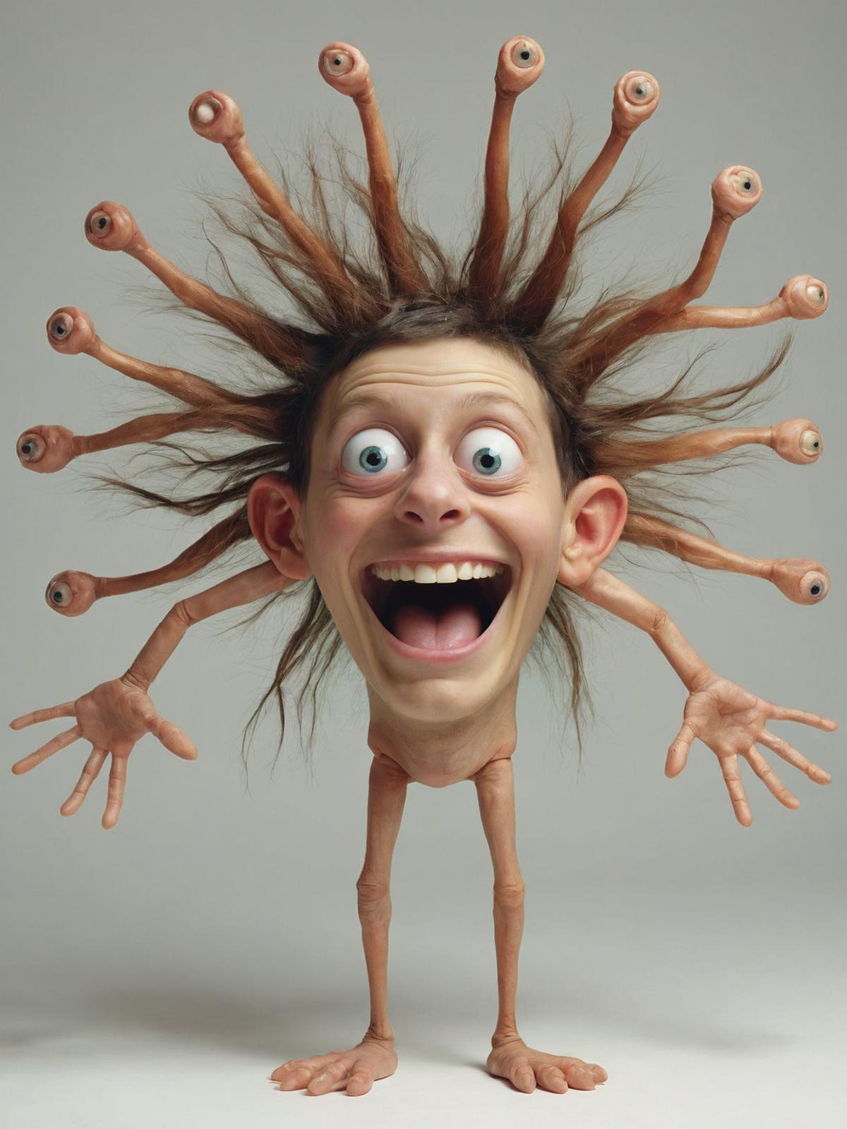 A Doll Head with Fake Eyes and Fake Hair, Mouth Open in Surprise.