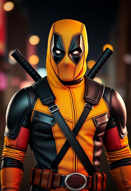 Deadpool but yellow costume, cinematic, 4k, depth of field