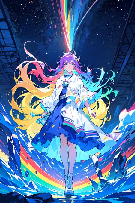 1girl,floating and rainbow long hair,Iridescence and rainbow, beautiful detailed starry sky,