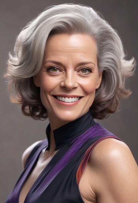 sigourney weaver, smiling, happy, beautiful, intelligent, powerful, white hair, loving eyes, fully clothed, wise, beautiful, dramatic lighting, sharp focus, by stanley artgerm, dramatic lighting, trending on artstation, flat colour, geometric curves, gradient filter, art deco patterns  by Jack Gaughan, by conrad roset,  - - n 4-i-g-s 5 0-s-s 150-s 10-6 0, purple orange and black, blue overall