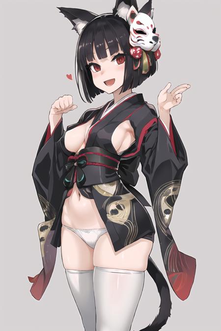 zhi\(style\), 1girl, solo, underwear, animal ears, panties, yamashiro \(azur lane\), white panties, thighhighs, sideboob, black hair, japanese clothes, open mouth, short hair, cat ears, mask, white thighhighs, bell, simple background, tail, kimono, smile, looking at viewer, side-tie panties, wide sleeves, navel, mask on head, jingle bell, covered nipples, :d, medium breasts, bangs, skindentation, standing, paw pose, blush, black kimono, thighs, blunt bangs, ribbon, long sleeves, groin, cat mask, cat tail, lowleg, grey background, short kimono, lowleg panties, animal ear fluff, fox mask, hands up, cowboy shot, masterpiece, best quality,