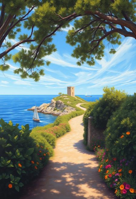 Landscape oil painting featuring a narrow, winding path leading towards a rocky coastline. The path is bordered by dense, green foliage and brightly coloured plants on both sides. In the background, there is a small, rocky island with a solitary, square-shaped stone bell tower on top, surrounded by the calm sea. In the distance a sailing ship. The sky is blue with cirrus clouds, and the scene is framed by the branches of trees arching over the path, adding a natural canopy effect. The overall atmosphere is serene and slightly secluded, with a focus on the natural beauty of the coastal environment.