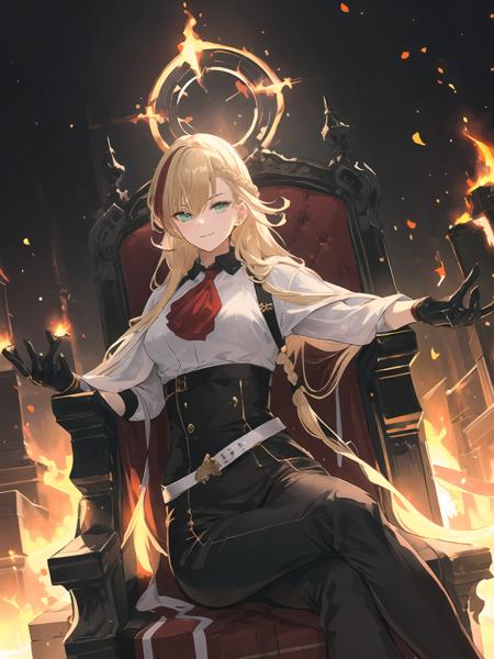 masterpiece,best quality,highres,cinematic lighting,dramatic angle,1girl,blonde hair,braid,multicolored hair,green eyes,white shirt,jacket,belt,high-waist black pants,looking at viewer,black gloves,<lora:ShadowverseNahtV2-000015:0.8:lbw=1,1,0.1,0.1,0.1,0.8,0.8,1,0.2,1,1,1,1,1,1,1,1>,fire,flaming cube,glowing,red ascot,portrait,shaded face,evil smile,sitting on throne,