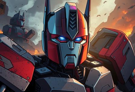 Create a close-up image of Optimus Prime, a robot in a war-torn environment, with a spotlight effect, inspired by Pietro da Cortona and 80s cartoon style, with micro details and lifelike features, adhering to the golden ratio, in the style of James Cowie, with a cult classic comic aesthetic, set on cobblestone floors.