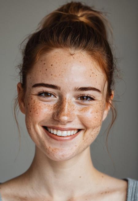 beautiful lady, (freckles), big smile, brown hazel eyes, Ponytail, dark makeup, hyperdetailed photography, soft light, head and shoulders portrait, cover
