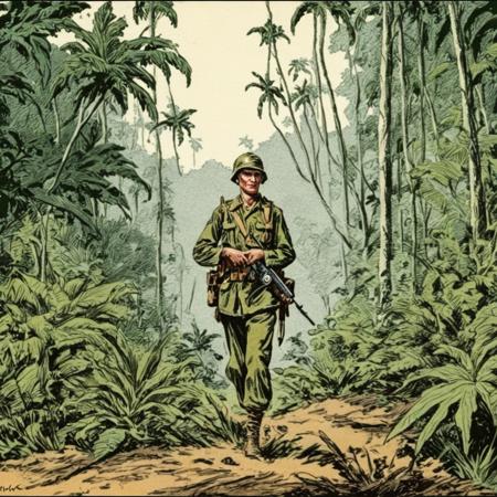 modern soldier, colorized, tropical forest, illustration by Roy Krenkel <lora:Style_of_Roy_G_Krenkel_RGK:1>