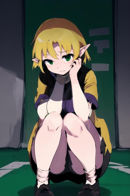 1girl,solo, 
in Slum street,
squatting, 
 <lora:JOKER_V10:1>,JOKER,blonde hair, blown jacket,intake bungs, green eyes,pointy ears, short hair,expressionless,