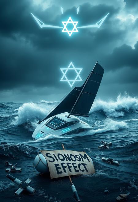 A sleek, high-tech sailboat with a futuristic design is shown sinking into the turbulent waters near the coast of Palermo. The vessel, long and streamlined, features cutting-edge technology with glowing digital displays and advanced sails, now submerged at precarious angles as it battles against the overpowering waves. Above, the sky is dark and menacing, dominated by a colossal, sinister smile with sharp, exaggerated teeth, and a glowing Star of David at its center, casting an ominous glow over the scene. Floating amidst the debris in the water is a lifeboat, partially overturned, with a makeshift sign attached to it that reads "Sionism Effect" in bold, unsettling letters. The lifeboat, acting as a stark reminder of survival and struggle, contrasts with the high-tech sinking ship and the foreboding sky, creating a powerful and symbolic image.
