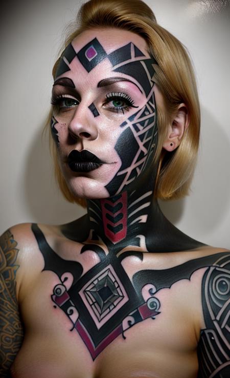 a blond woman coved all over her body and face with dark big geometric  ttattooz everywhere   <lora:ttattooz_V1_43680:0.88> ttattooz