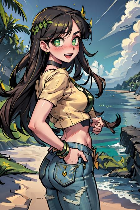 expressive eyes, portrait, hands in pockets, looking at viewer, from behind, excited, smiling, happy, (open mouth), sparkling eyes, (wide-eyed:1.2), blush, sua, green crop top, (large breasts:1.2), midriff, denim pants, bracelet, choker, beach scenery,  <lora:SuaERLora:0.6>