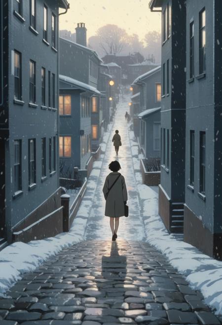 A pale young woman with red lips and a featureless face walks along a sloping cobblestone street in front of a block of gray townhouses. Warm light spills from multiple upstairs windows, illuminating miniature figures inside—a modern nod to Magritte’s poetic dislocations. Snow falls lightly. Painterly, cinematic style with soft brushstrokes and moody atmosphere, inspired by Pascal Campion and Makoto Shinkai. The art style is clean and graphic, with a slightly minimalist composition, muted color pallet, retro cel-shading, vintage halftone, and crisp line work, reminiscent of nostalgic anime with grainy halftone texture and subtle softness evocative of 80s/90s Japanese animation, with some similarities to vintage European poster art.