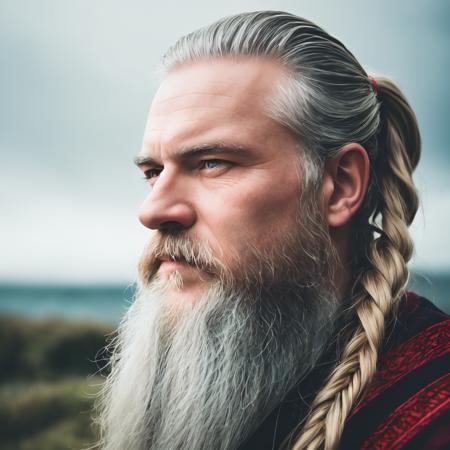 (Gorgeous Photo:1.3) of (Ultra detailed:1.3), dwarf, white beard, white mustache, white hair in pony tail, viking style, forest, coastline, overcast weather, wind, waves, coastline, overcast weather, wind, waves, evening, close look,nature,highly detailed,high detailed skin, skin pores,8k uhd, dslr, soft lighting, high quality, film grain, Fujifilm XT3