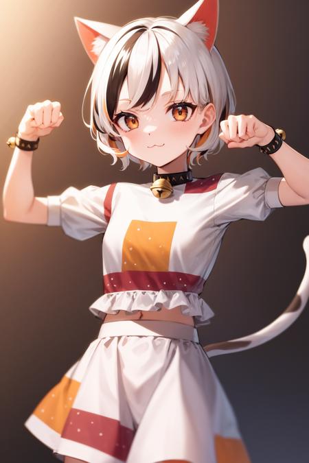 gm, cowboy shot, paw pose, :3, choker, multicolored tail, cat girl, patch, multicolored clothes, multicolored shirt, multicolored skirt, neck bell, white hair, streaked hair, short hair, multicolored hair, cat ears, bell, cat tail, orange eyes